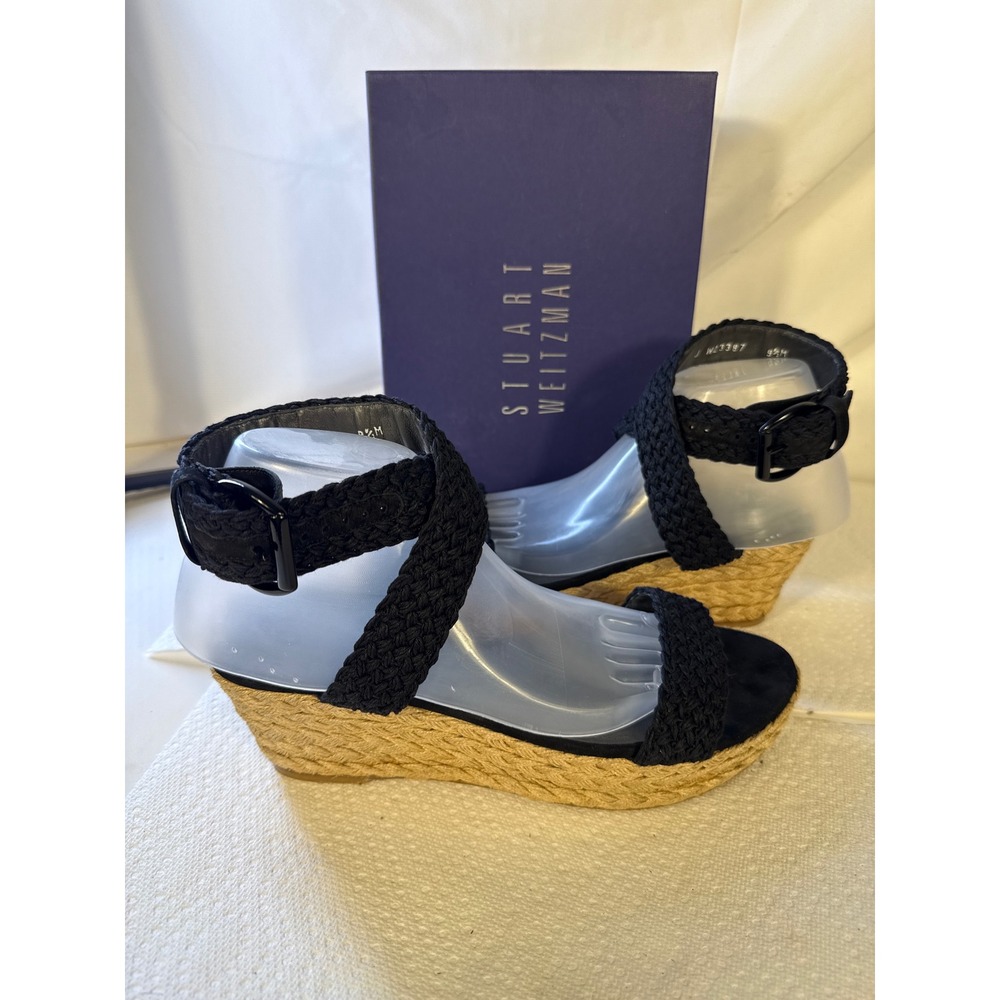 Stuart Weitzman Alexlo Nero Black Crochet Espadrille Wedge Sandals 9.5M JW23387